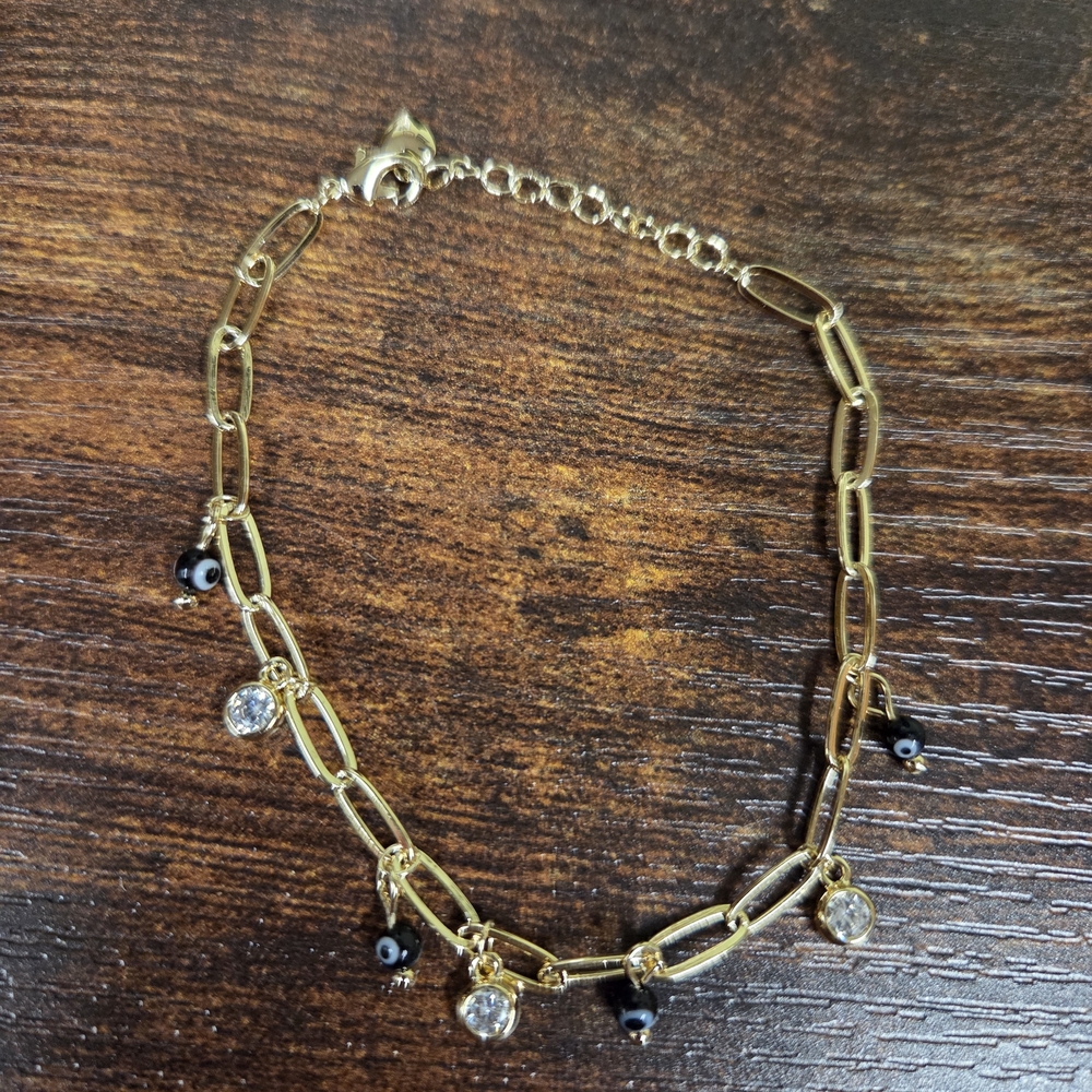 18k Gold Plated Bracelet with Black Resin Evil Eyes and Bezel Set CZ Stones